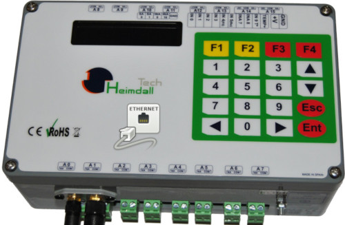Programador Heimdall 16D Ethernet. 16 actuadores con 13 temporizadores cada uno. 7 alarmas digitales. 2 alarmas analógicas. 1 alarma temperatura, contadores, pulsador, Tarjeta GSM/GPRS para SMS y datos. Reloj astronómico, control de orto y ocaso. Múltiples programaciones via web. Teclado y pantalla. Alertas vía Web y E-Mail.
