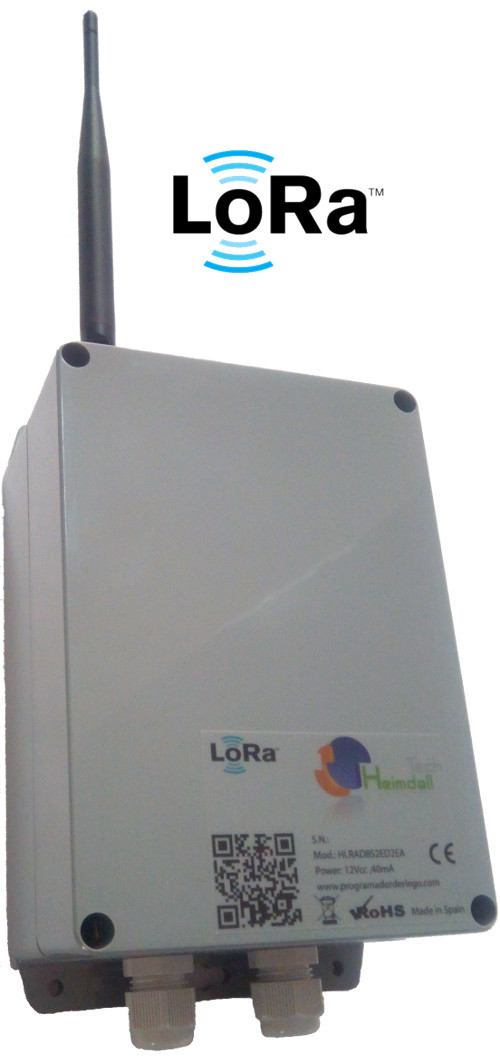 Salidas/Entradas remotas io LORA. Tecnología de transmisión LORA 868 MHz. Alcance de señal de 1 kilómetro, según orografía. Conexión con Internet a través de Base Heimdall (GPRS, Ethernet, Wi-Fi). Alimentación 12Vcc (9Vcc ~ 18Vcc). Consumo eléctrico (en configuración latch): 40 mAh, 0,5.Wh. 8 salidas digitales. Configurable latch 2 y 3 hilos (4 salidas en configuración 3 hilos). Relés estado sólido (AC/DC), 0.35A, 60V. (por ud.). 2 Entradas digitales (Contador, NO/NC). 2 Entradas analógicas: 4-20mA. 1 Entrada de Temperatura: -55º ~ 125º C. Detección de tensión baja. Protección IP65. Peso: 730gr. Temperatura y humedad máx: 60º, 90%Hr. Conector antena: SMA (Antena 5db, 20cm). Dimensiones caja (mm): 171x121x80. Dimensiones máximas sin antena (mm): 215x121x80.
